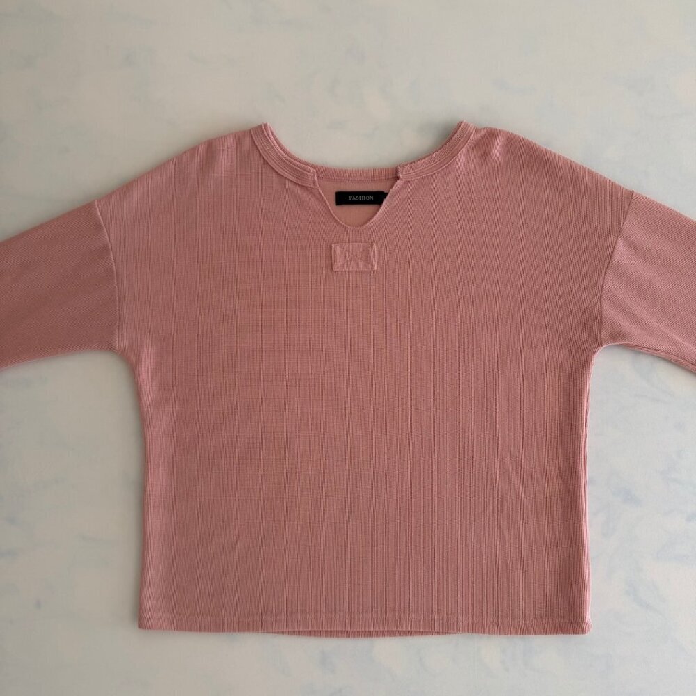 Dusty Pink Ribbed Long Sleeve 2 Piece Top & Drawstring Shorts Pajama Set - Picture 4 of 8